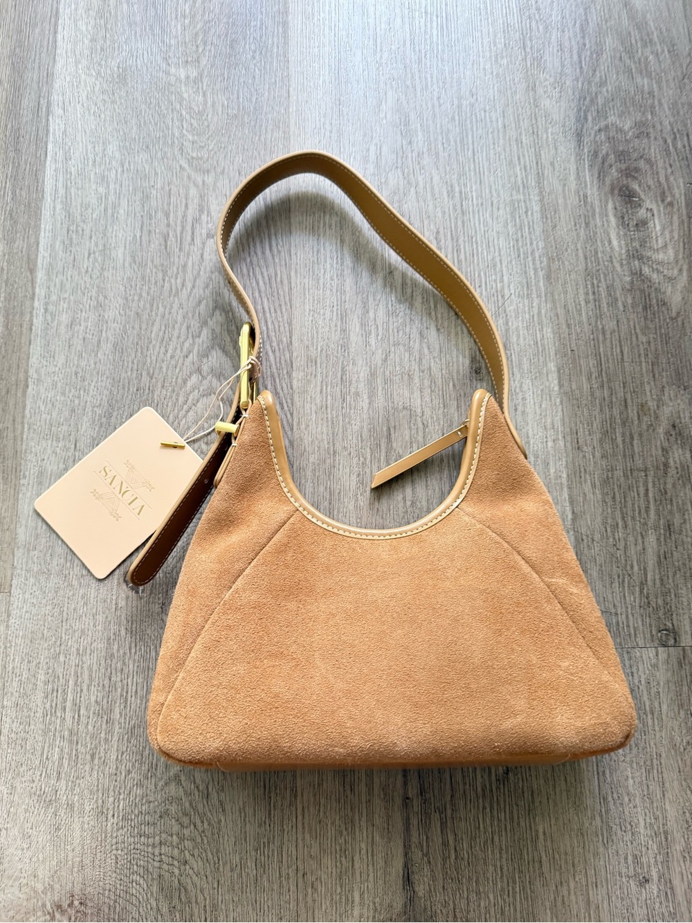 sancia the istria tan 100% suede leather 90's style shoulder bag purse handbag - Picture 3 of 7